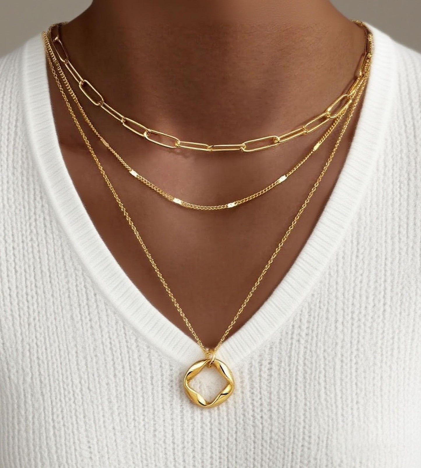 YEEZII Layered Gold Necklaces for Women Trendy, 3 Pcs 14K Gold Plated Choker Paperclip Box Chain Necklace, Stackable Women's Gold Pendant Necklaces Jewelry Set (Black-3 pcs)