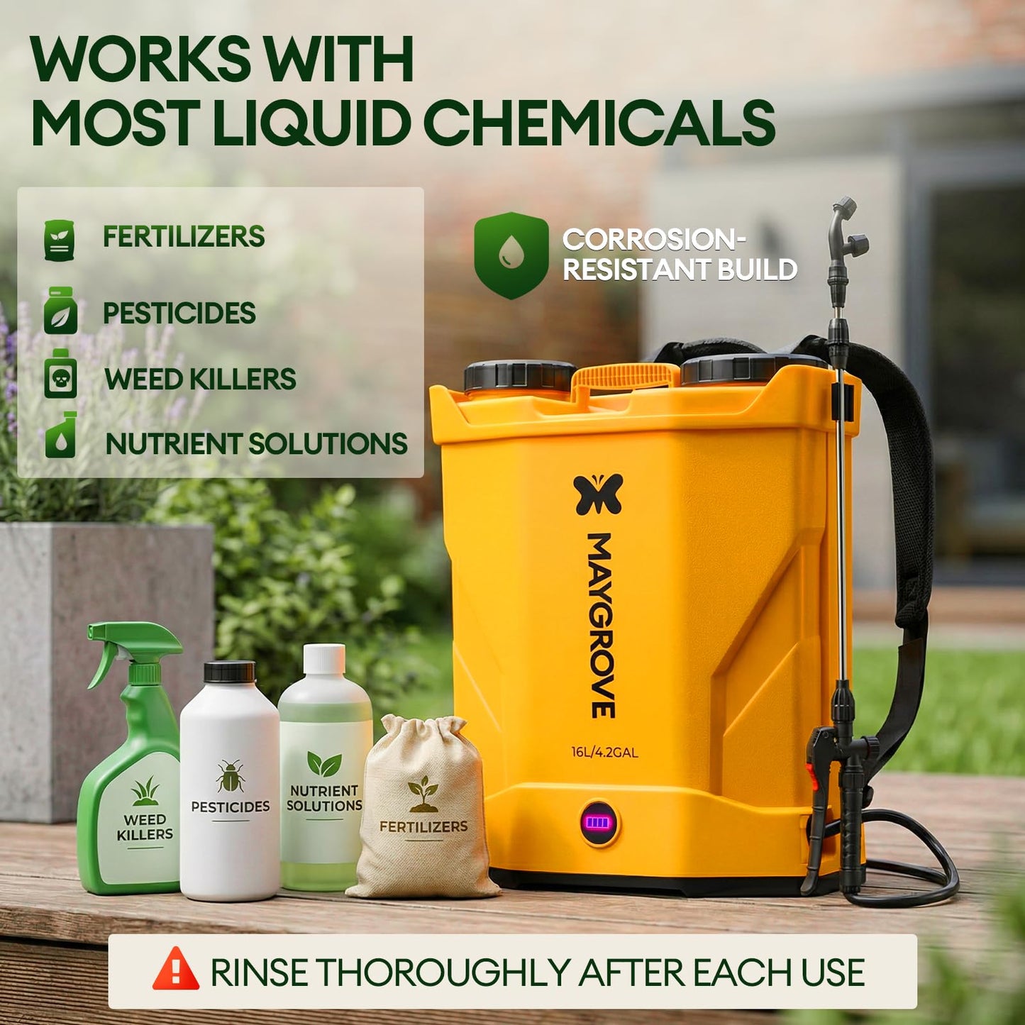 MAYGROVE 4.2 Gal Electric Backpack Sprayer, 2-4h of Continuous Spray, Equipped with Adjustable Wand & 5 Nozzles, Auto Spraying for Garden, Lawn Care, Fertilizing & Weed Control (Battery Included)