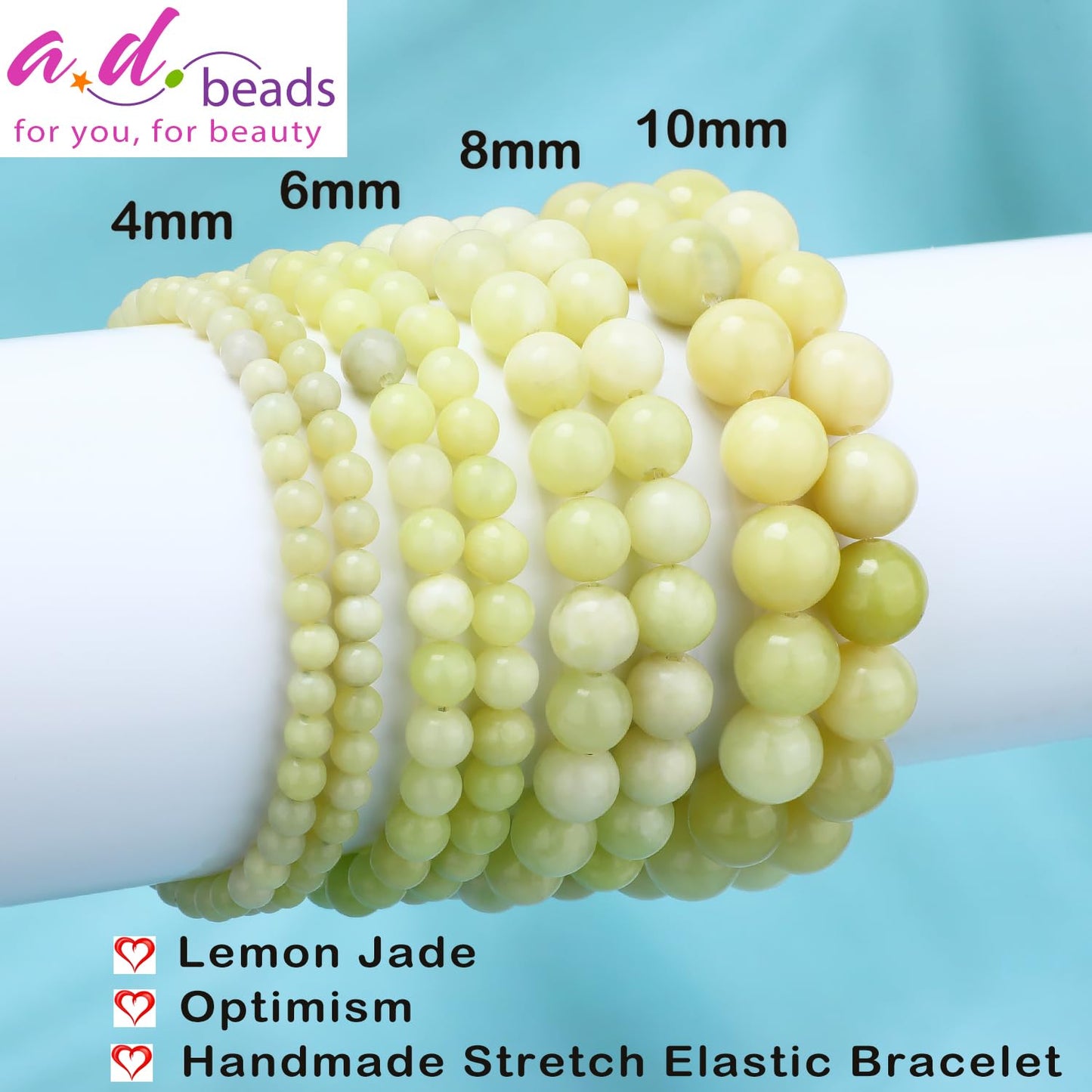 AD Beads 6mm Handmade Lemon Jade Elastic Bracelet – Natural Gemstone for optimism – Meditation, Yoga, Healing and Energy Gift for Men Women