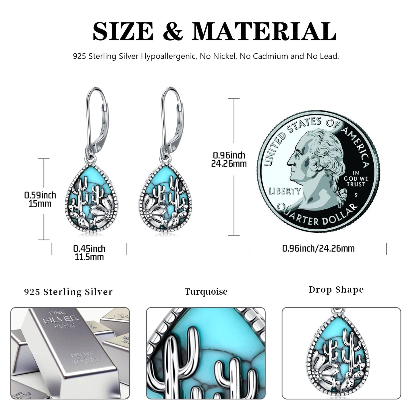 KoyeKei Cactus Dangle Drop Earrings for Women Country 925 Sterling Silver Turquoise Cactus Leverback Earrings Dangling Western Jewelry Christmas Gifts for Plant Lovers