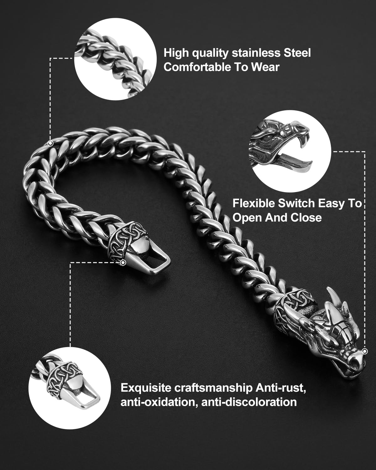 LuxGoth Stainless Steel Dragon Head Heavy Cuban Link Chain Bracelet Gothic Punk Rock Biker Vintage Norse Viking Dragon Franco Link Curb Bracelet Jewelry for Men Silver GTS-B1B45023
