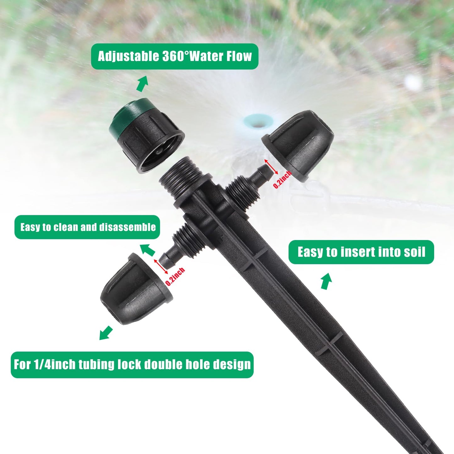 Anti-Drop Drip Irrigation Emitters Sprayer for 1/4" Irrigation Tubing,Double Hole Design Adjustable 360 Degree Sprayer on 6.5" Stake for Garden Irrigation Watering System (25pc-Green Sprayer)