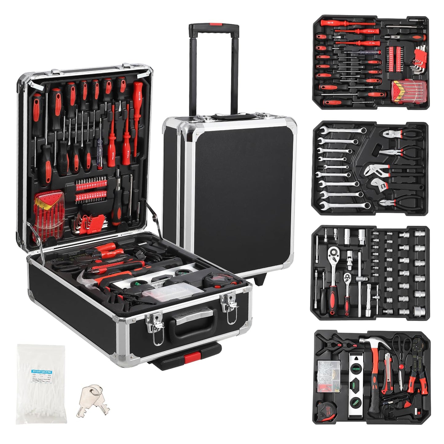 800-Piece Mechanics Tool Set with Rolling Aluminum Case, Complete Socket & Wrench Kit with Hand Tools, Portable Garage Tool Box for Auto Repair, Home Maintenance, DIY Projects & Garden Work
