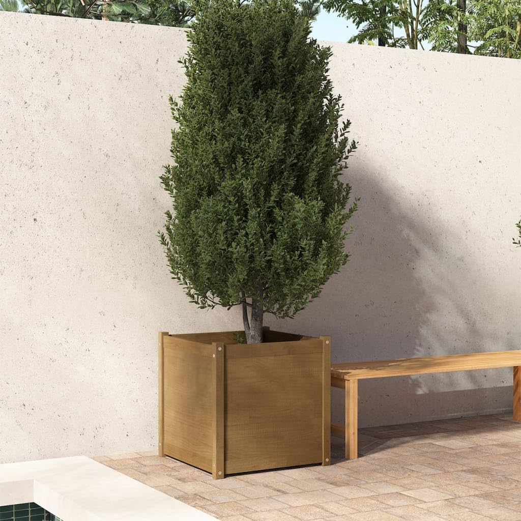 PHGTYUK Outdoor Square Planters for Flowers and Herbs, Honey Brown Garden Planter Solid Pine Wood, Weather Resistant Wooden Garden Planters for Patio and Balcony