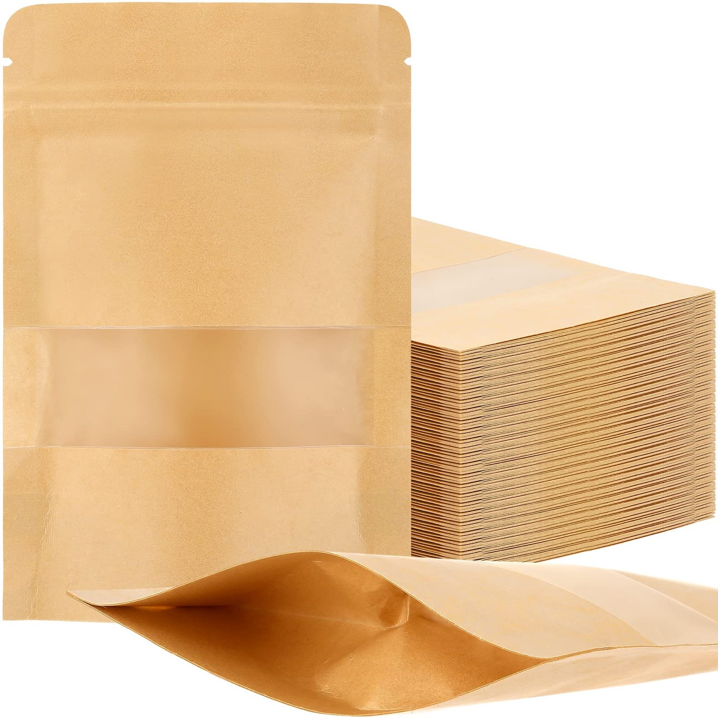 Leelosp 300 Pcs Kraft Bags with Window 4 x 6 Inch Kraft Stand up Reusable Pouches Food Storage Paper Bags Heat Sealable Zipper Sealing Pouches Bulk for Bakery Snack Home or Packaging Business(Brown)