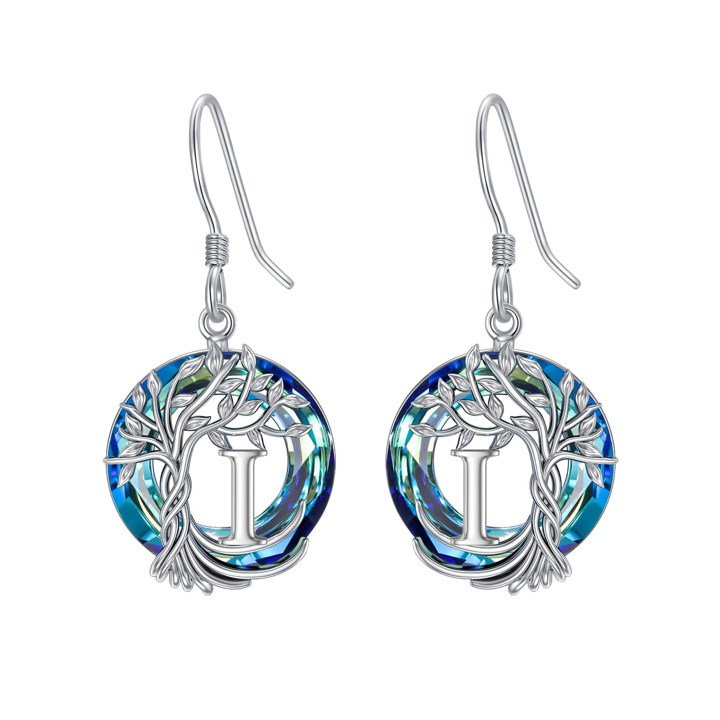 TOUPOP Tree of Life Initial Earrings Sterling Silver Initial I Letter Drop Dangle Earrings Blue Circle Crystal Family Tree Jewelry Birthday Mothers Day Gifts for Women Mom Her