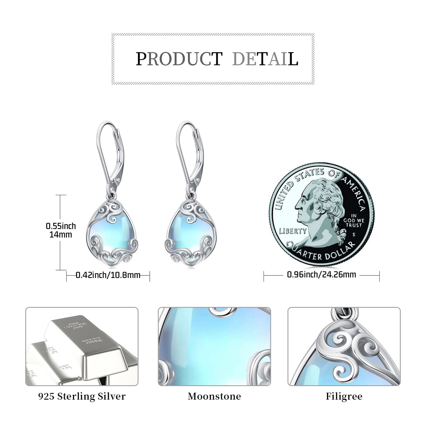 KoyeKei Filigree Moonstone Leverback Earrings for Women 925 Sterling Silver Moonstone Teardrop Dangle Drop Earrings Jewelry Filigree Anniversary Graduation Gifts for Girlfriend Her Lover