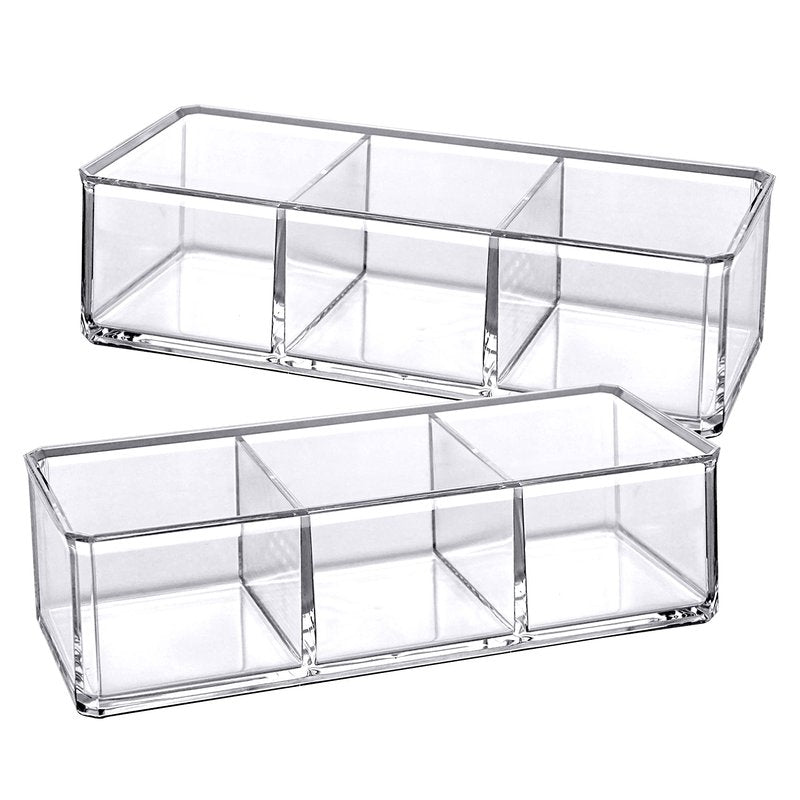 Amazing Abby - Glamour - 2-Pack Acrylic 3-Compartment Makeup Organizer, Transparent Plastic Lipstick Holder, Perfect Bathroom Vanity Storage Solution for Lipsticks, Nail Polishes, and More