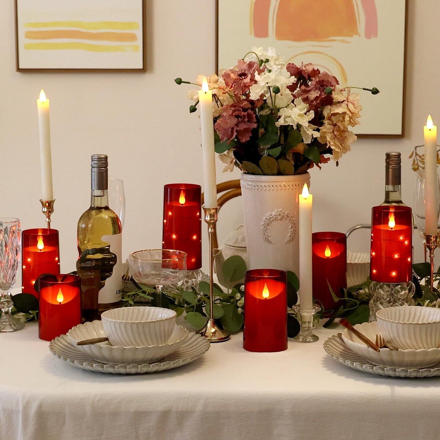 NURADA Flameless Candles with Remote Timer: 3D Wick Battery Operated Led Pillar Fake Candle Set for Wedding Birthday Christmas Decorations - Red 2 Pack