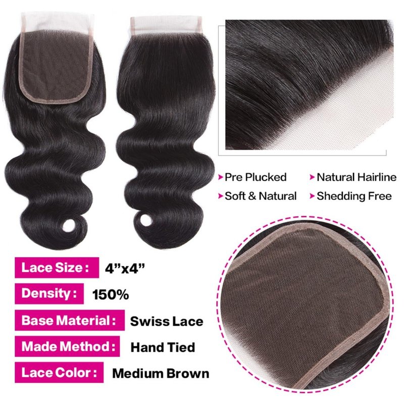 DreamPack Bundles with Closure Human Hair Body Wave Bundles Human Hair with 4x4 Lace Closure 100% Unprocessed Virgin Hair Extensions Natural Color (8" 8" 8" + 8" Closure)