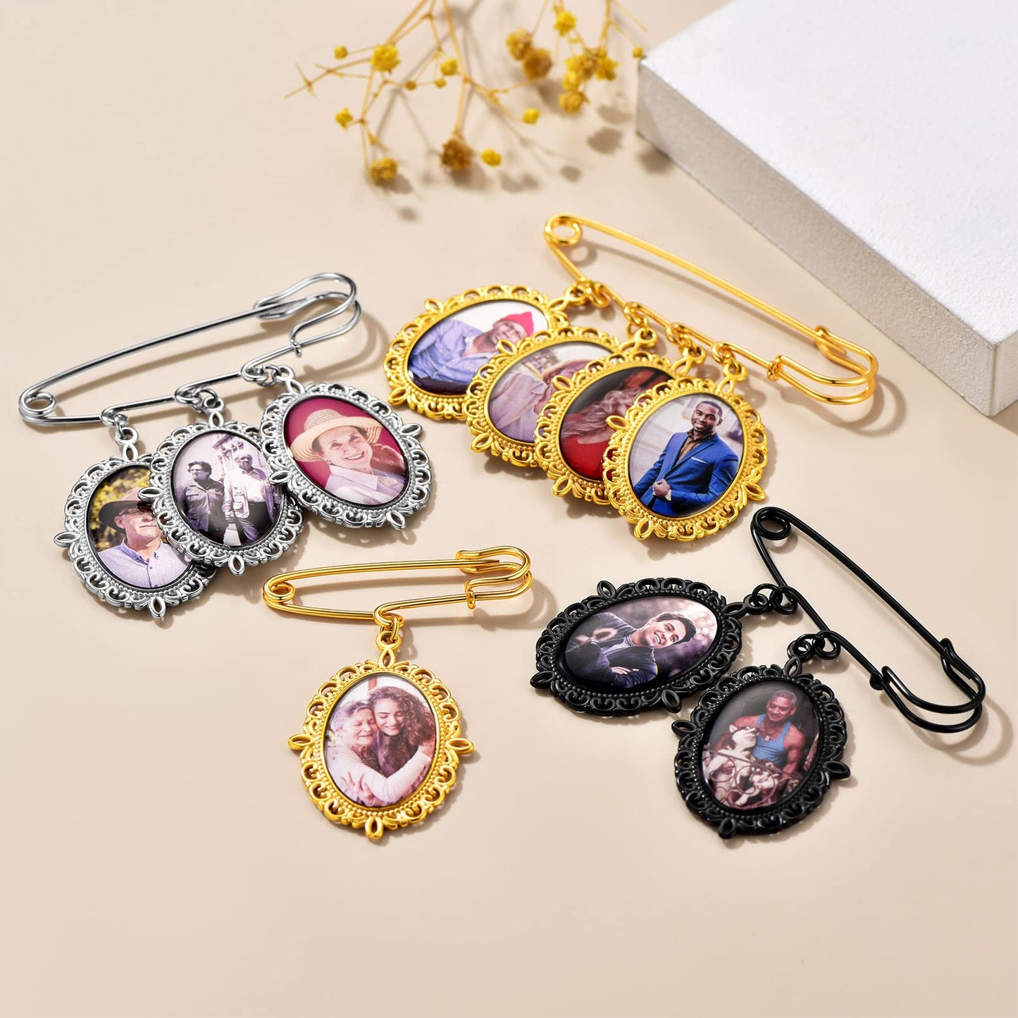 Custom4U Photo Charm for Bouquet Oval Shaped Brooch Pins with 3 Pictures Customized Memorial Wedding Jewelry