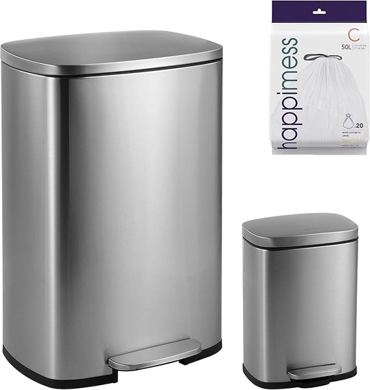 happimess HPM1006A Connor Rectangular 13-Gallon Trash Can with Soft-Close Lid and Free Mini Trash Can, Fingerprint Resistant, Modern, Minimalistic for Home, Kitchen, Office, Bathroom, Steel