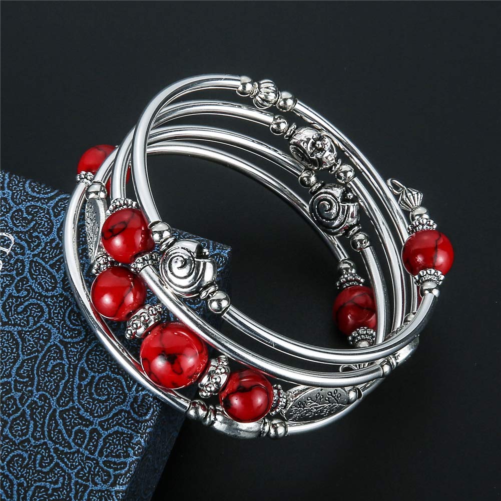 Beaded Pearl Bangle Wrap Bracelet - Fashion Bohemian Jewelry Multilayer Charm Bracelet with Thick Silver Metal Beads, Gift For Women(13-Red)