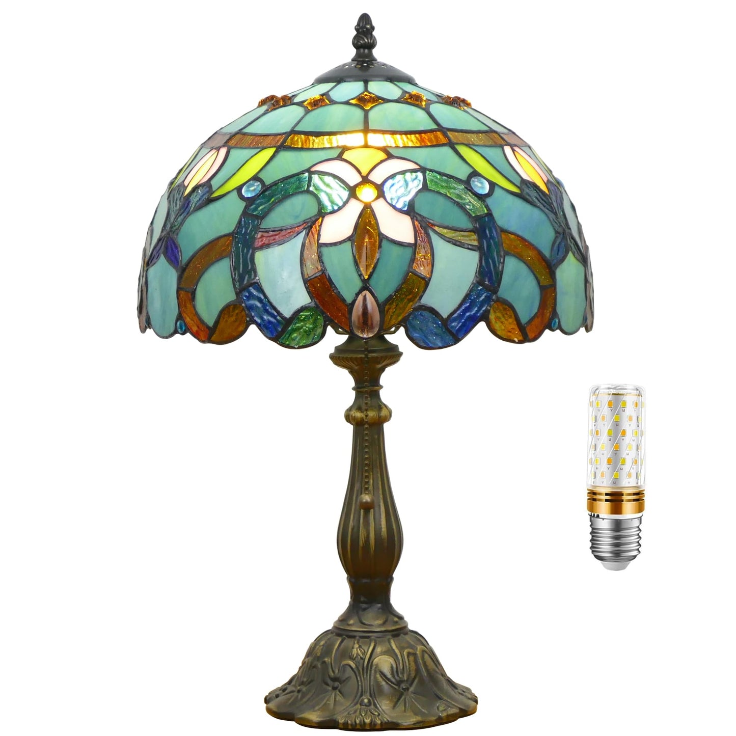 WFAYNTIFL Tiffany Lamp Stained Glass Table Lamp Antique Bedside Reading Light W12H19 Inches (Sea Blue Baroque)