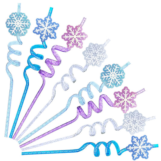 24Pcs Glitter Reusable Frozen Plastic Straws Drinking Straws, 4 Snowflake Shape & 4 Colors, Frozen Party Decoration Birthday Party Supplies