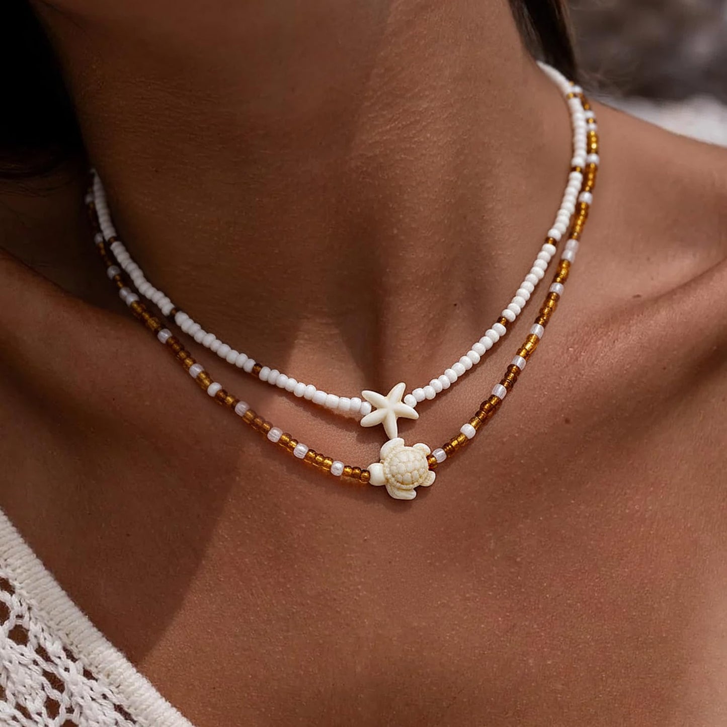 Lameybrt Cowrie Shell Surfer Necklaces, Hawaiian Beach Handmade Choker Set for Women, White Rice Bead with Black Accents, Bohemian Summer Seashell Choker 2 Piece Set, Perfect for Summer Beach Vacation, Birthday, Mother’s Day & Holiday Gifts (Shell 16 Turt