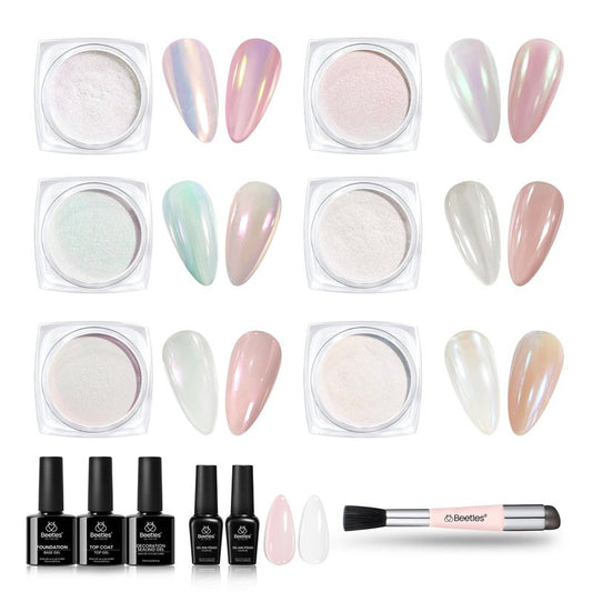 Beetles Chrome Nail Powder for Nails Aurora Pearl Kit 6 Colors with Base Top Coat Color Gel Polish-Iridescent Glazed Donut Chrome Nail Powder Metallic Mirror Mermaid Glitter Kit for Nail Art Design