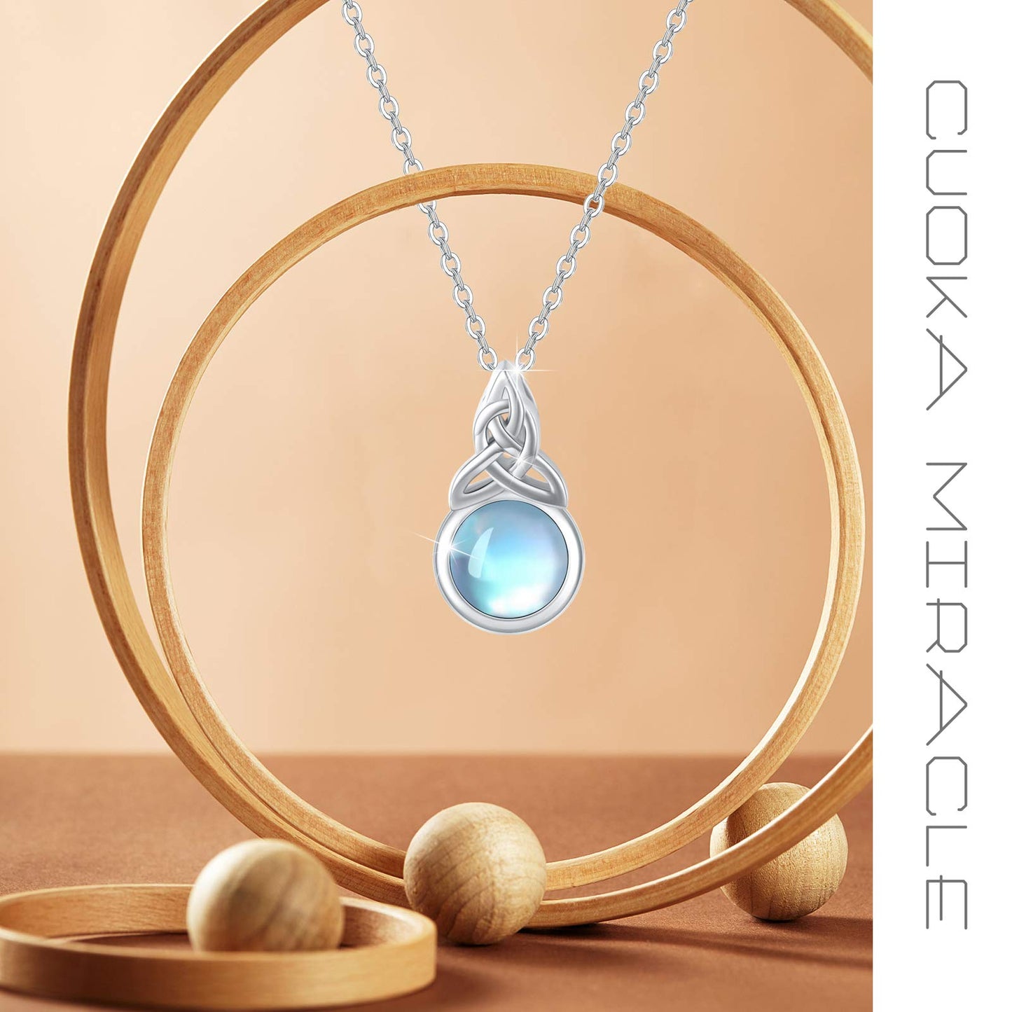 CUOKA MIRACLE Celtic Knot Moonstone Necklace for Women 925 Sterling Silver Rainbow Synthetic Moonstone Jewelry Chain 16-18 Inches Birthday Christmas Necklace Gift for Women