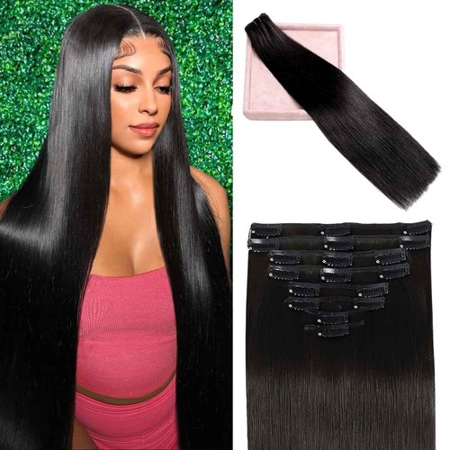 POGINJA Clip in Hair Extensions Real Human Hair, Remy Human Hair Clip in Extensions for Black Women, Invisible Natural Straight Seamless Clip ins Hair Extensions 8pcs Double Weft #1B 24inch 120g