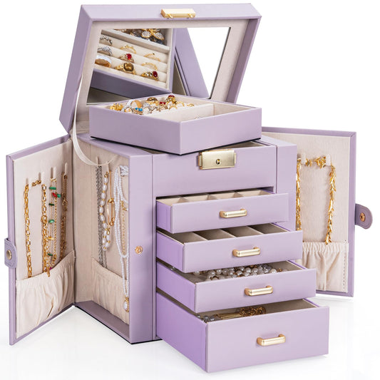 AKOZLIN 5-Tier Jewelry Box Leather Jewelry Storage Organizer with 4 Drawers Lockable for Women Girls Ring Necklace Earring Bracelet Watches Holder with Mirror Purple