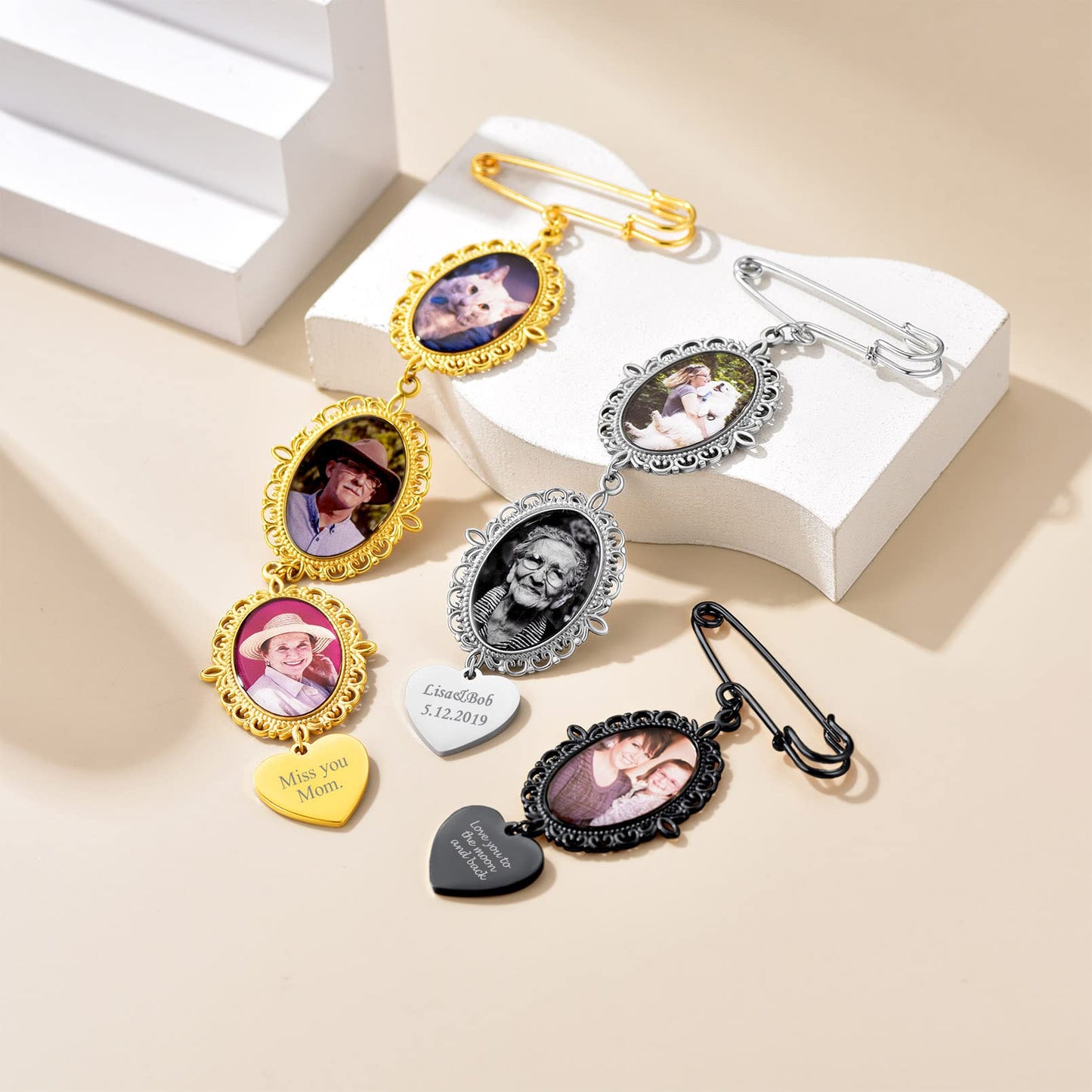 Custom4U Bouquet Charms for Wedding Memory Custom Photo Pins Brooch Men Women Bride Groom