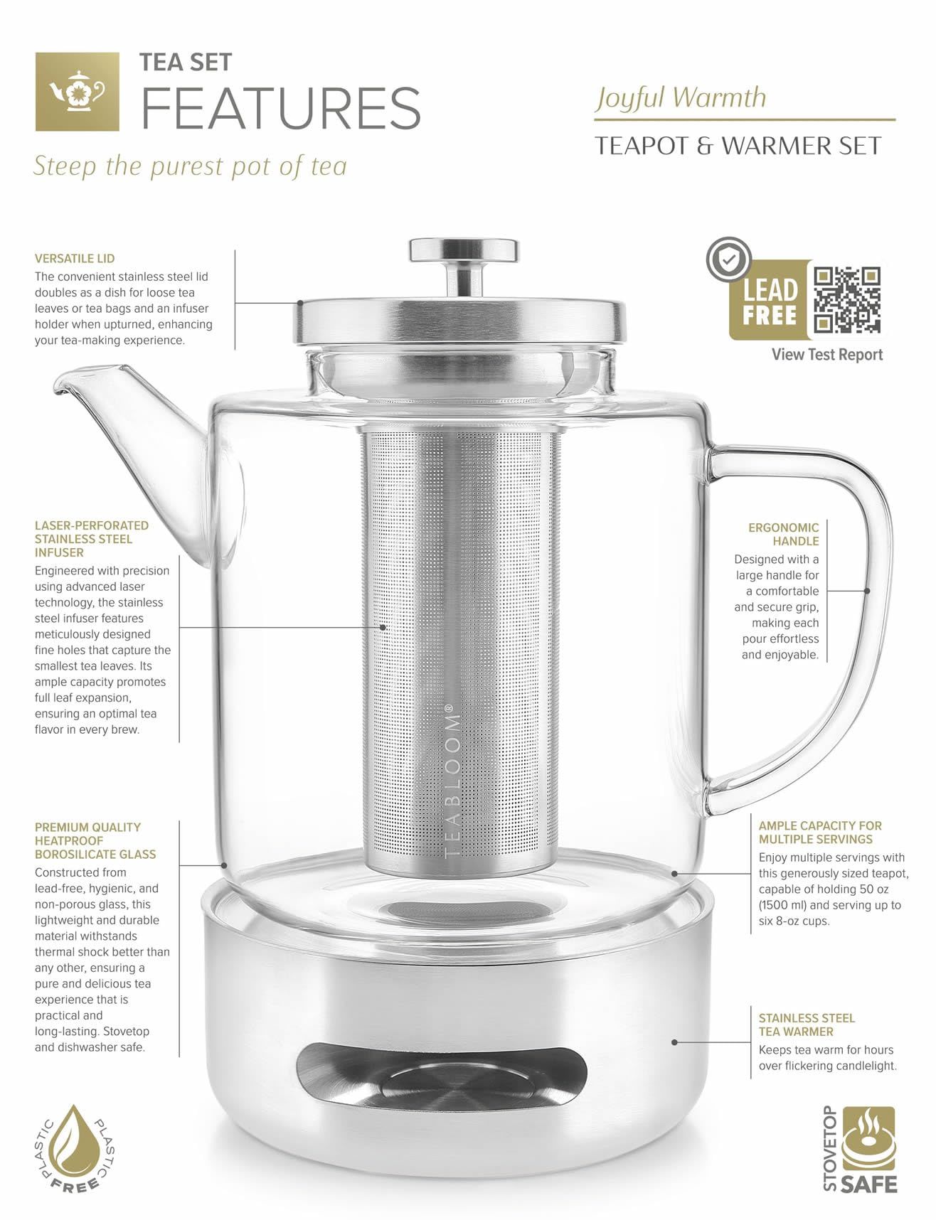 Teabloom Joyful Warmth Teapot with Tea Warmer – 50 oz (6+ Cups) Hand-Blown Borosilicate Glass, Stainless Steel Loose-Leaf Infuser, Heat-Resistant Kettle, Elegant Gift Set for Tea Lovers