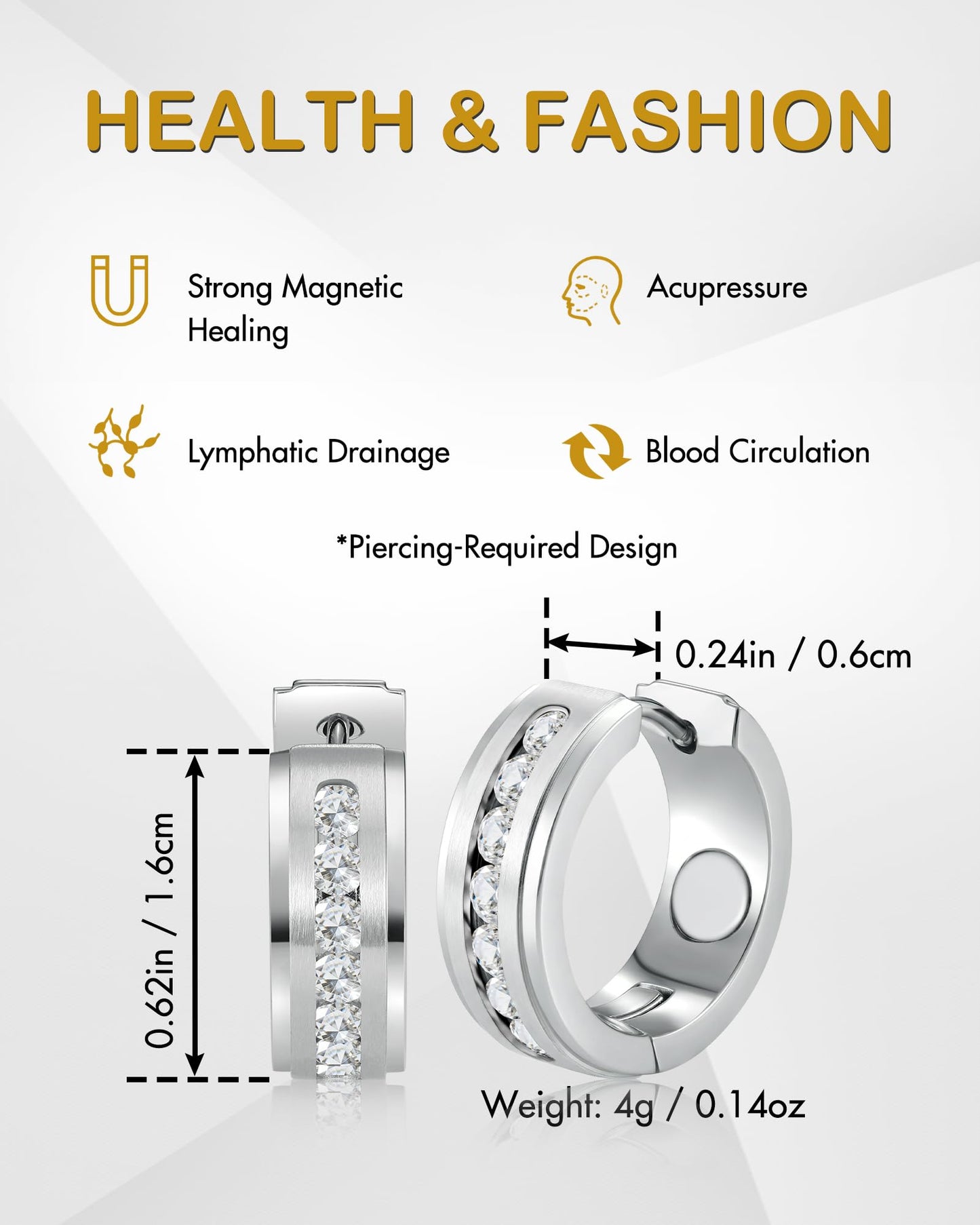 Feraco Magnetic Hoop Earrings for Women with 3500 Gauss Neodymium Magnet & Sparkling AAA+ Cubic Zirconia, Stainless Steel Magnetic Therapy Jewelry, Upgraded Setting Technology