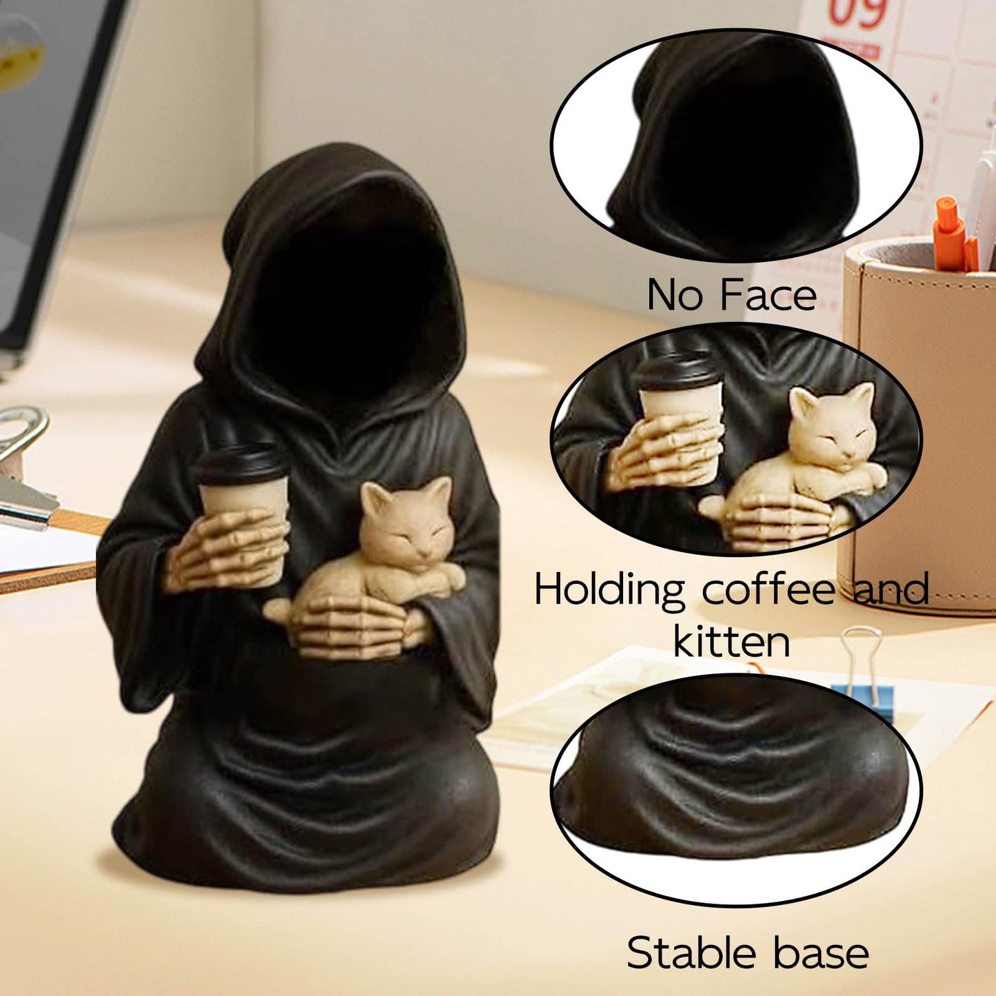 Gorbgle Halloween Decor, Gothic Decor Mysterious Resin Statue with Cat, Black Robe Spooky Figurines, Goth Sculptures Table Centerpiece for Home Office, Desk, Mantel, Bookshelf, Indoor Decorations