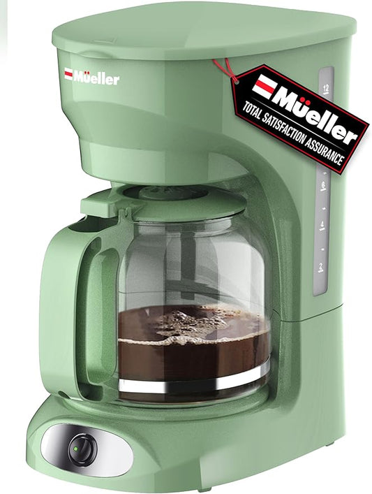 MUELLER HOME 12-Cup Drip Green Coffee Maker, Borosilicate Carafe, Auto-Off, Reusable Filter, Anti-Drip, Keep-Warm Function, Clear Water Level Window, Green Kitchen Accessories & DÃ©cor