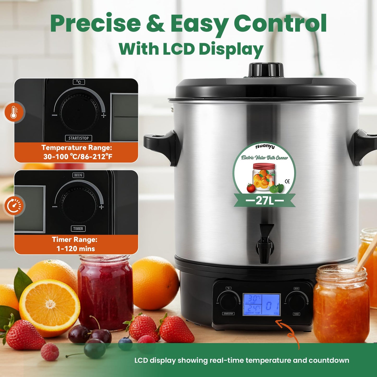 Huanyu Electric Water Bath Canner Automatic 28.5QT Canning Pot 2000w Adjustable Temp&Timer Digital Control with Drain Tap Includes Jar Lifter, Funnel for Preserving Canned Food, Jam, Sauce, Soup