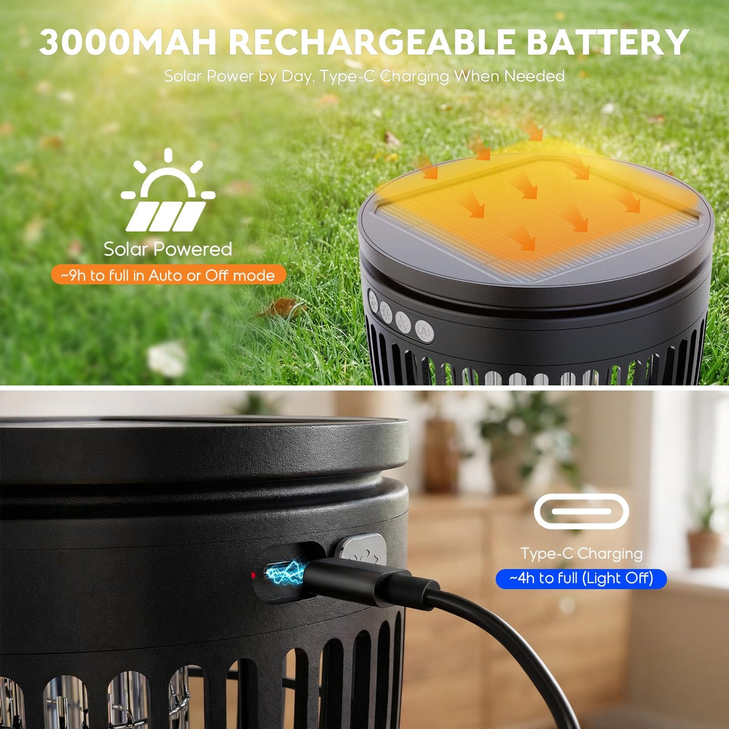 Solar Bug Zapper Outdoor, 4200V 3-in-1 Mosquito Zapper with Flame Light & RGB Projector, Solar Powered & USB Rechargeable, Smart Auto Mode, IP65 Waterproof Mosquito Killer for Yard Garden 2000 Sq Ft
