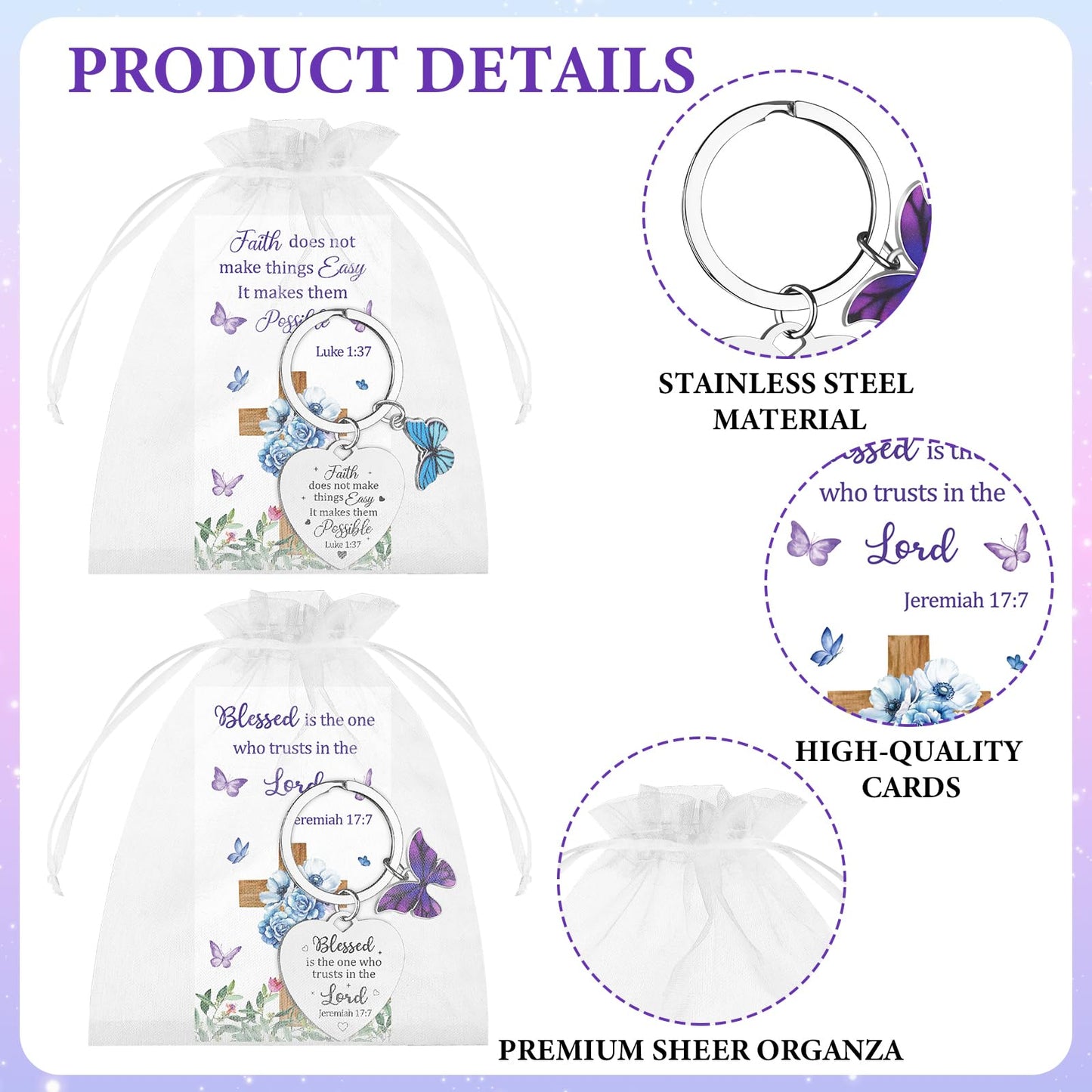 WZSTNBLA 20 Sets Inspirational Religious Gifts Christian Butterfly Keychain Motivational Encouragement Thank You Cards and Organza Bags Employee Appreciation Gift for Female Friends Staff Coworkers