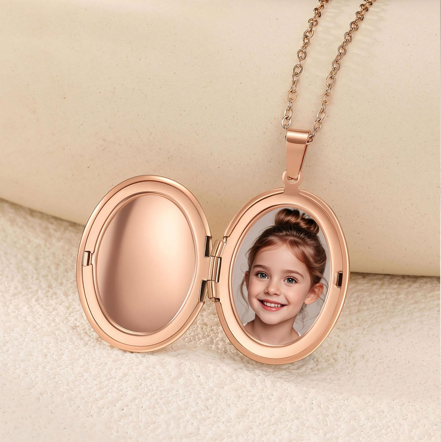 Rose Gold Glossy Oval Lockets Personalized Necklaces for Women Custom Photo Locket Necklace for Women Text & Symbols Engraved Customized Lockets Gifts for Mom Daughter