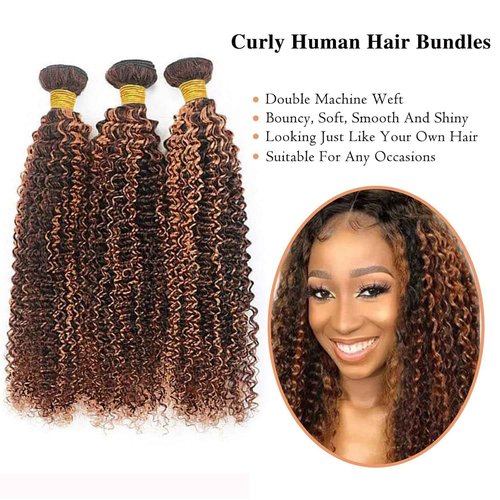 Giginger Jerry Curly Human Hair Bundles 20 22 24 Inch Brazilian Chocolate Brown Highlight P4/30 Jerry Curly Bundles Human Hair 100% Unprocessed Raw Quick Weave Hair for Black Women