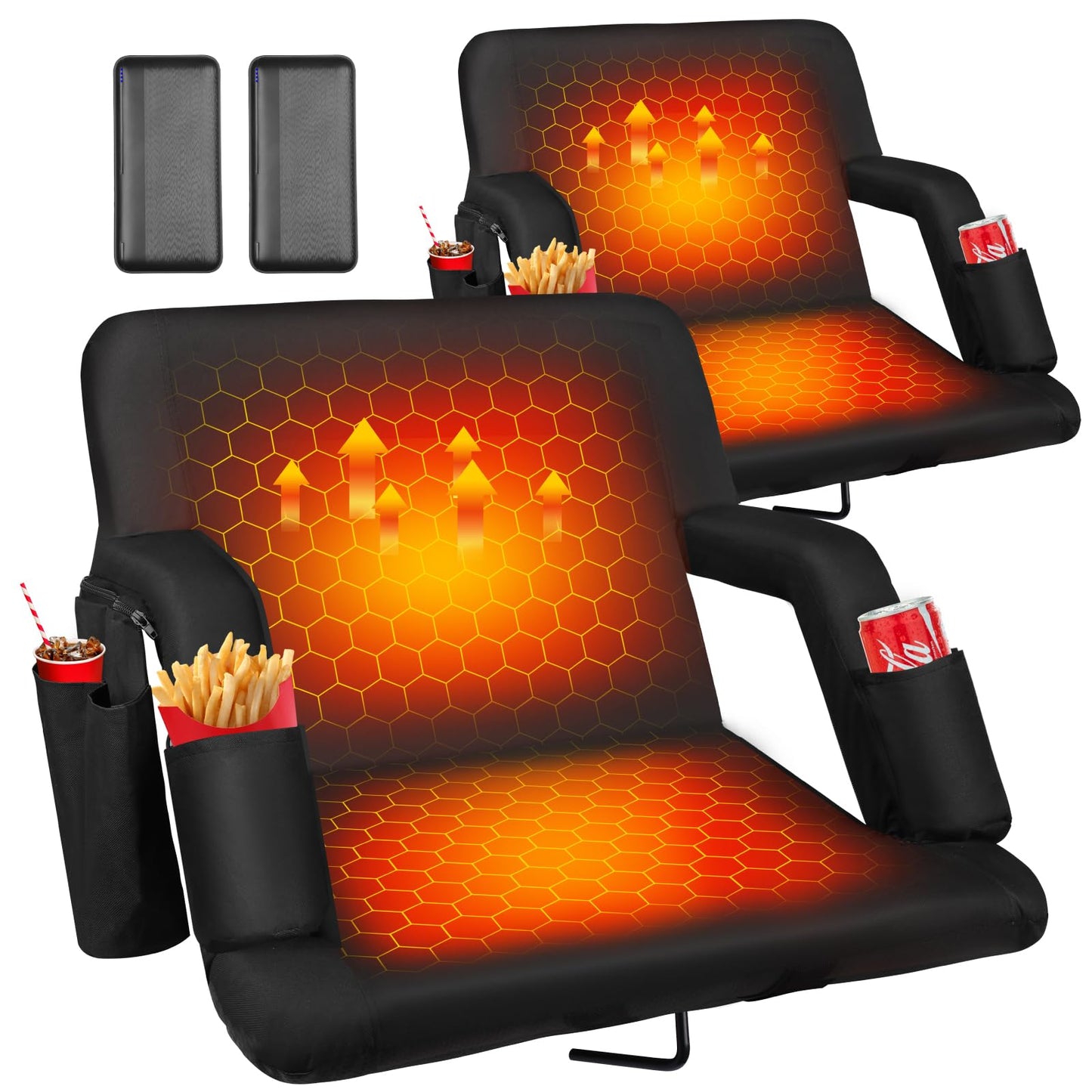 Moteoza Heated Bleacher Seat with Backrest with 5V 20000mAh Battery Heated Stadium Seats for Bleachers with Back Support Wide 25" Heated Stadium Chair 6 Reclinng Positions 3 Heating Levels 2PCS