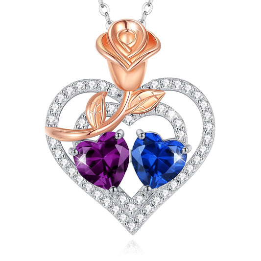 AGVANA February September Birthstone Jewelry Amethyst Sapphire Necklace Sterling Silver Rose Flower Heart Double Birthstone Pendant Necklace Anniversary Birthday Gifts for Women Mom Wife Her