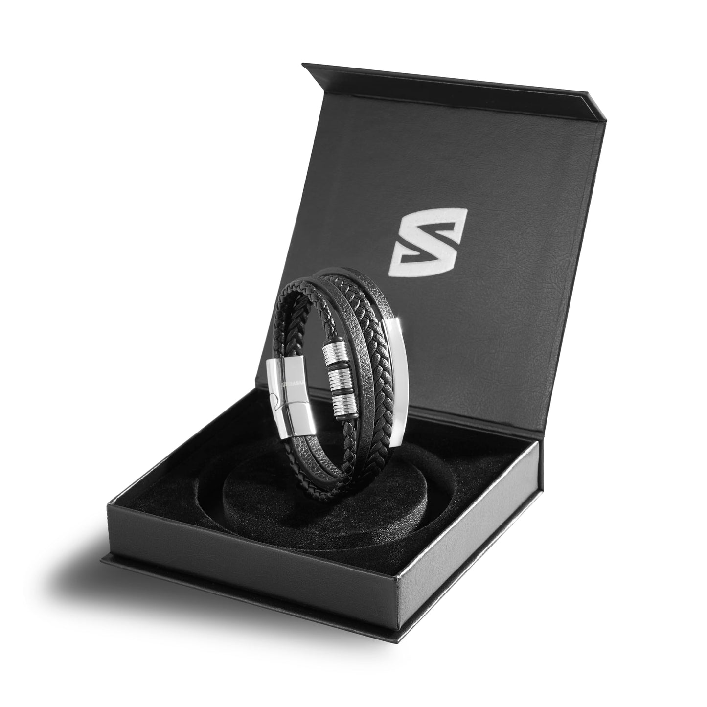 SERASAR Mens Silver Bracelets 23cm Bracelet Men Gift Box Genuine Leather Cowhide Braided Magnetic Clasp Multi Layer Wrap Rope Man Mans Male Band Jewelry Magnet Accessories