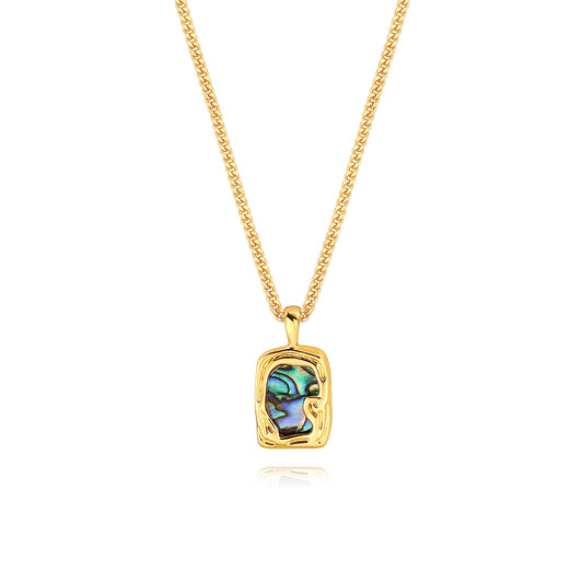 18k Gold Plated Abalone Mother of Pearl Irregular Pendant Necklace Dainty Personalized Handmade Layered Charm Necklace Flake Vintage Rectangle Pendant 2mm Thin Cuban Chain Necklace for Women