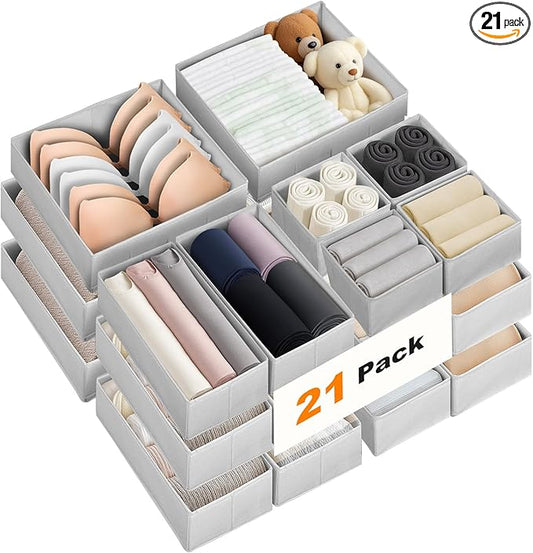 FANS-ONE Drawer Organizer Clothes, 21 Pack Dresser Organizer for Baby Clothes, Underwear, Socks, 3 Sizes Foldable Closet Organization and Storage Bins for Nursery, Bedroom (Grey)