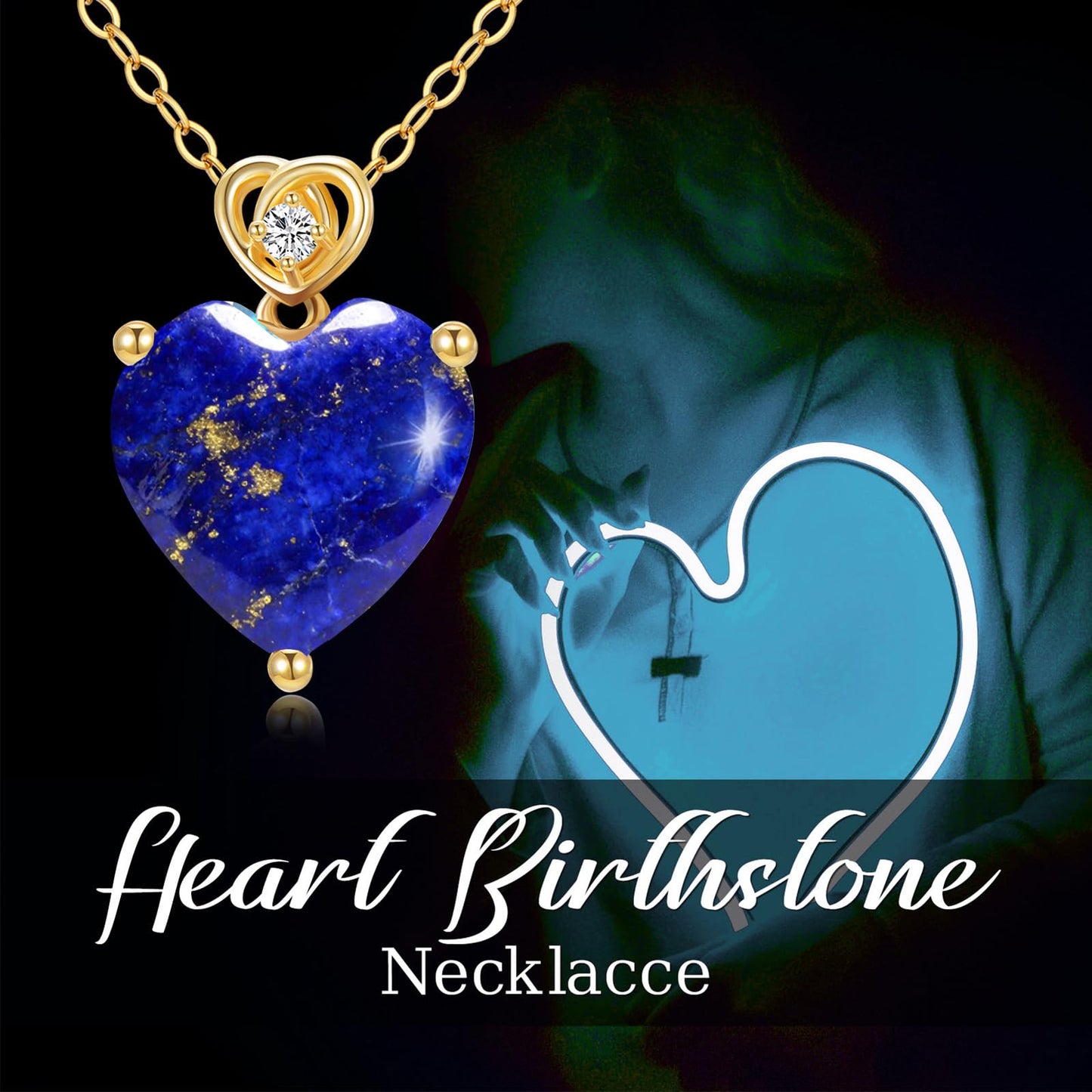 NFYBD 14k Gold Love Heart Lapis lazuli Birthstone Pendant Necklace for Women 3 Carat Heart-cut Created Gemstone Anniversary Birthday Mother's Day Necklaces for Her