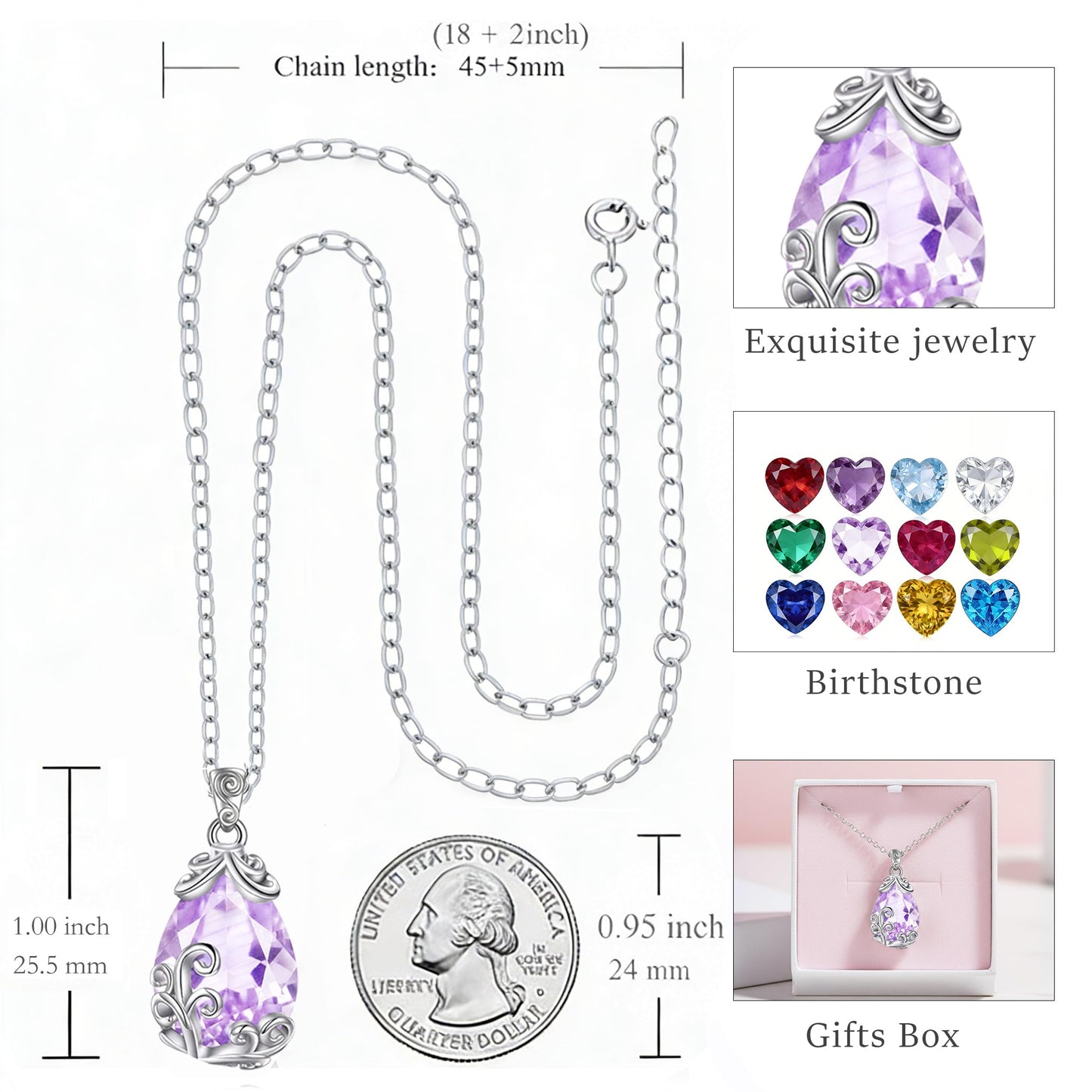 POPLYKE Sterling Silver Birthstone Filigree Teardrop Necklace Filigree Pendant Jewelry Gifts for Women