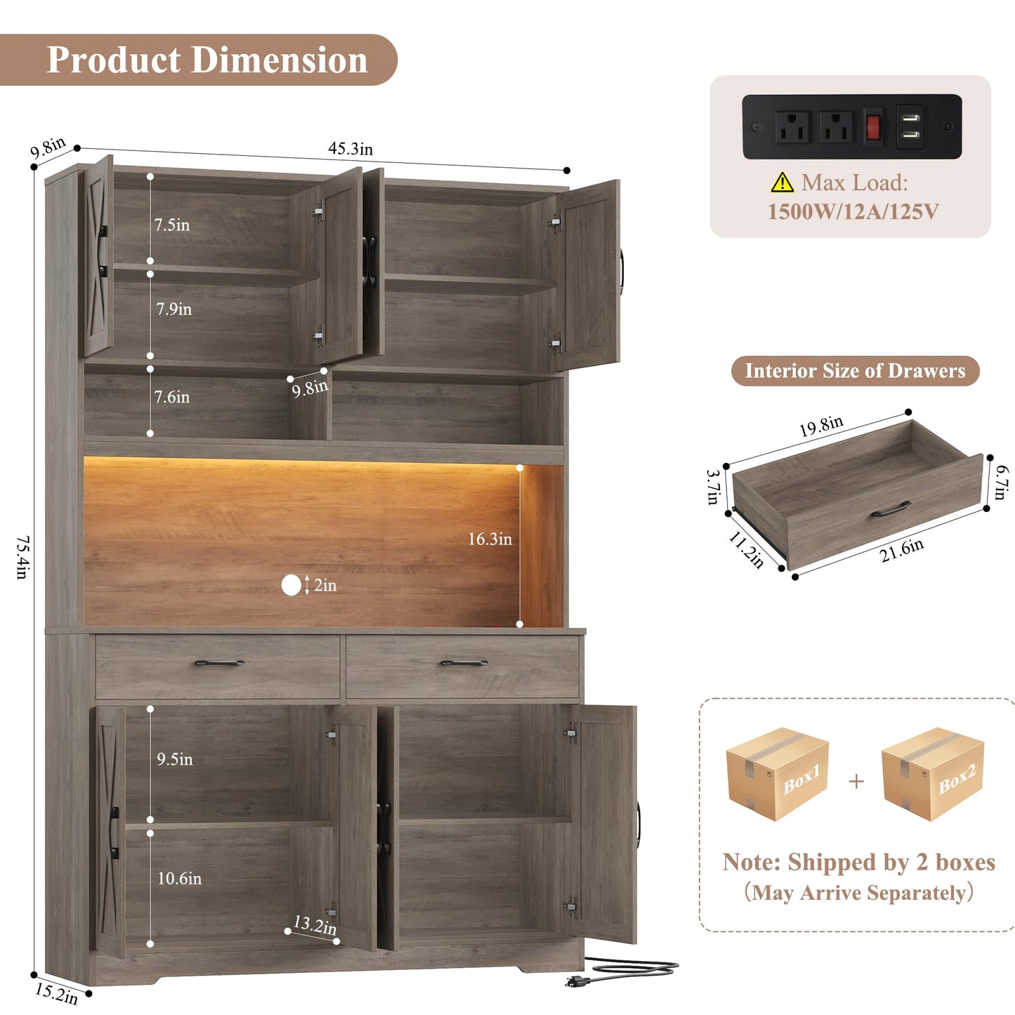 HOSTACK Modern Farmhouse Pantry Cabinet, 75" Tall Kitchen Pantry Storage Cabinet with Charging Station, RGB LED Light, Multi-Purpose Kitchen Storage Hutch Cabinets with Adjustable Shelves, Ash Grey