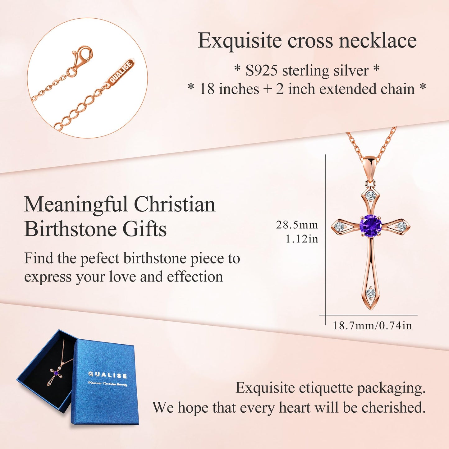 QUALISE Cross Necklace for Women,925 Sterling Silver Birthstone Necklace,Amethyst-February Birthstone Cross Necklace,Faith Religious Fine Jewelry Valentines Day Gifts Birthday Holiday Gifts for Her