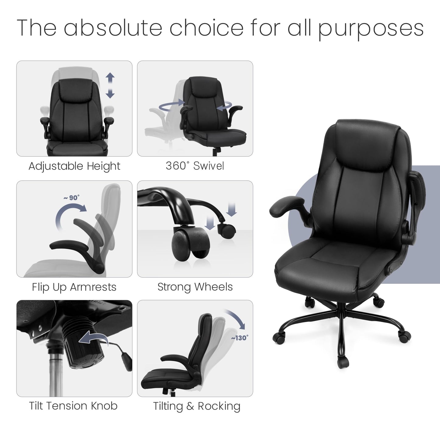 NEO CHAIR Ergonomic Office Desk Gaming Computer Chair Executive High Back Support Flip-up Arms Adjustable Height Swivel Rolling Wheels Comfy PU Leather for Home (Black)