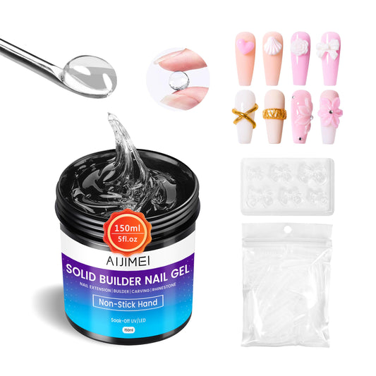AIJIMEI 150ml Solid Builder Hard Gel for Nails Extension Nail Thickening Solution Solid Nail Builder Gel No Stick Hand 3D Sculpture Carving for Nail Art Design (Clear, 150ml/5Fl.oz)