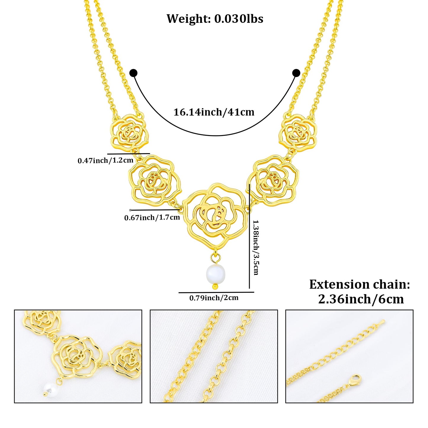 Rose Charm Necklace for Women, Romantic Double Chain Necklace with Hollow Rose Design and Glass Pearl Pendant, Elegant Gifts for Weddings, Dates, and Special Occasions