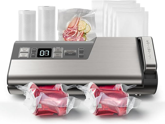 Mesliese Vacuum Sealer Machine, 95kPa 140W One Hand Operation Food Sealer, Double Seal Strip with Build-in Cutter & Countdown Display