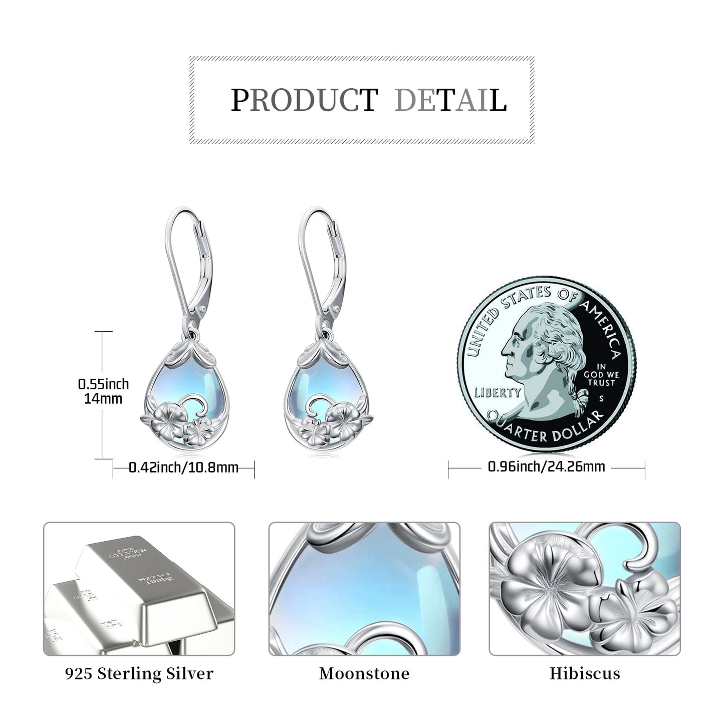 KoyeKei Hibiscus Earrings for Women 925 Sterling Silver Hibiscus Flower Hawaii Moonstone Dangle Drop Leverback Earrings Hawaiian Jewelry Graduation Birthday Gifts for Girlfriend Her Lover