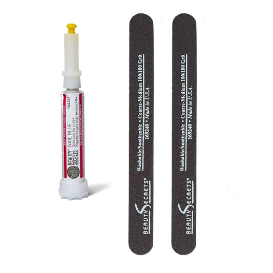 Beauty Secrets Drip & Clog Proof Nail Glue Bundled with Nail File Black Cushion Medium Coarse 180/100 Grit (2 Pack) by Beauty Secrets