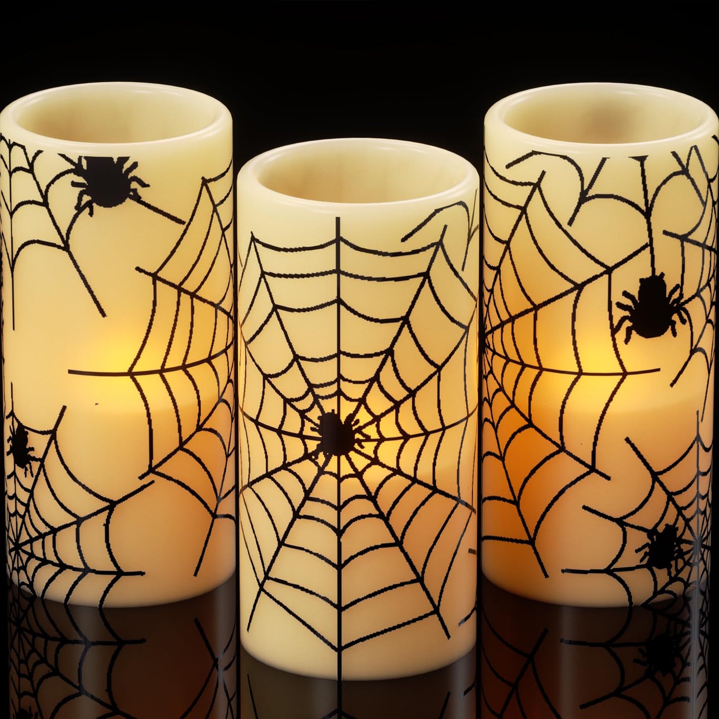 DRomance Flameless Candles Battery Operated with Timer, Set of 3 Spider Cobweb Decals Yellow Light Real Wax LED Flickering Pillar Candles Dinner Tabletop Halloween Home Decoration (3" x 6"")"